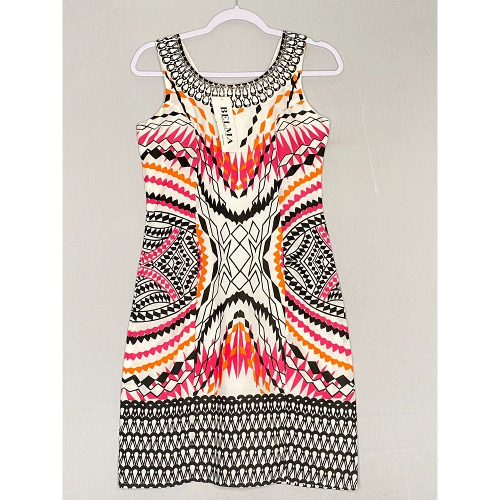 💎NOS Belma Sheath Dress Small Multicolor Tribal Print Knee Length